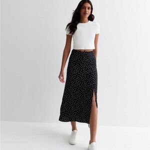 NEW New Look Midi Black Polka Dot Side Slit Skirt Size 8
